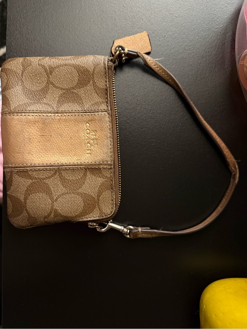 Coach Signature Canvas Wristlet in Brown and Tan